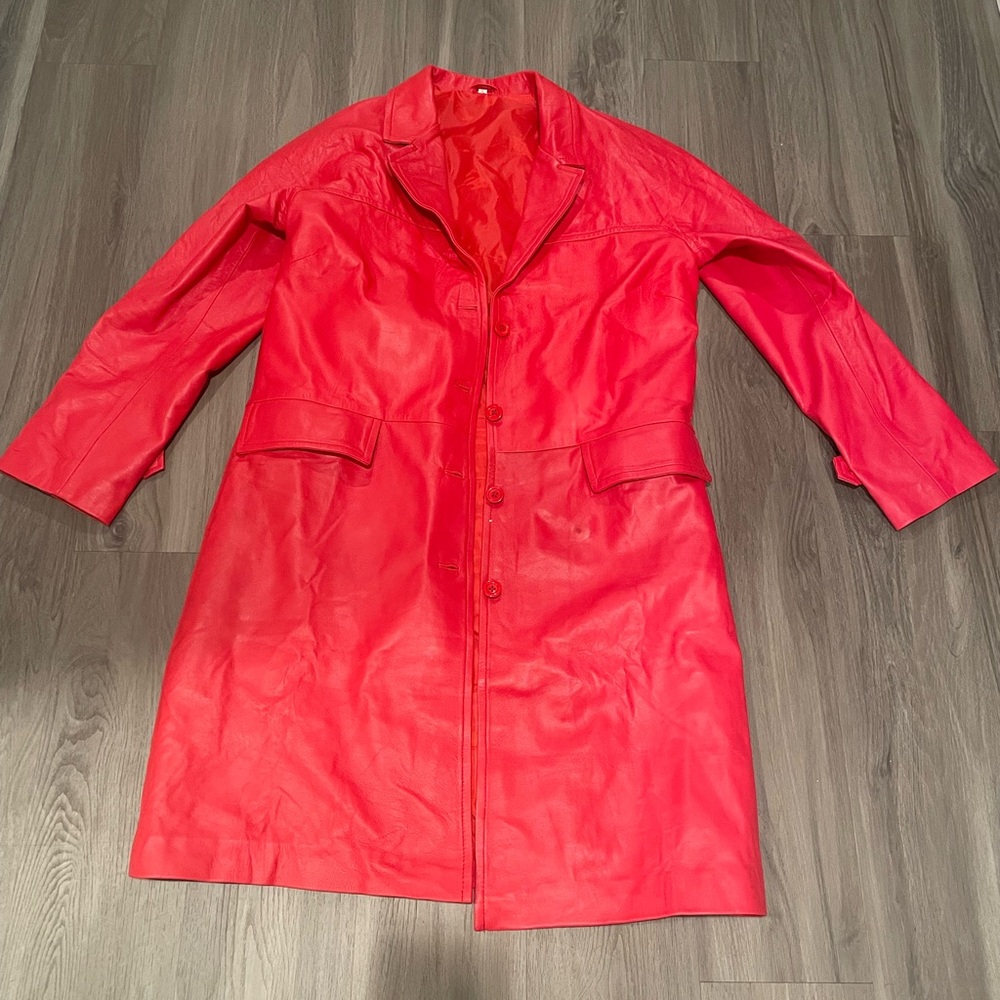 New Womens “Emily in Paris Lily Collins” Red Leather Coat, Size 3XL